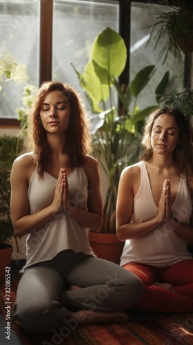 Female friends practicing yoga together at home, with hands clasped in a full-length pose.