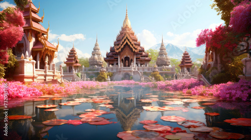 An ethereal Thai temple surrounded by lush gardens and reflective waters, invoking peace, spirituality, and the beauty of Southeast Asian architecture. photo
