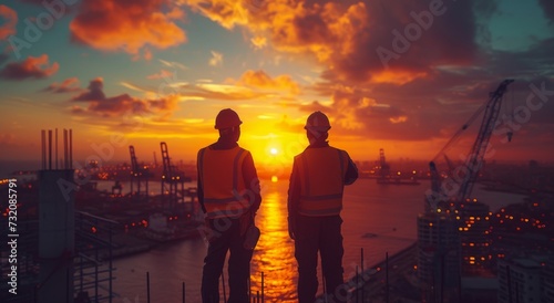Two men in bright safety vests stand on the shore, gazing at the fiery hues of a breathtaking sunset over the calm waters, as the sky above is filled with puffy clouds and the promise of a new day
