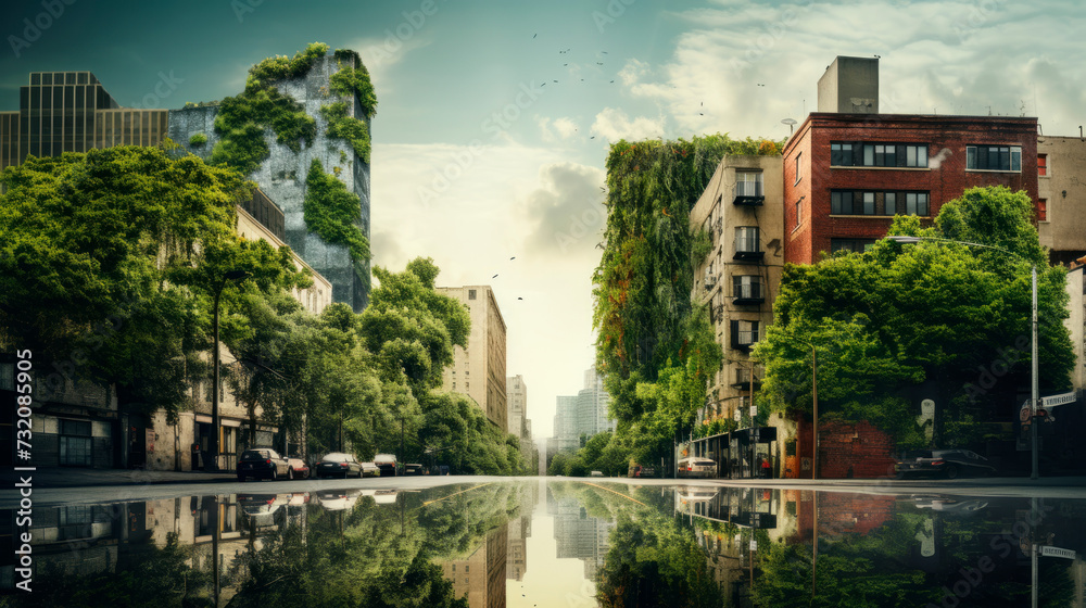 A futuristic cityscape blending urban structures with lush greenery, reflecting a concept of eco-friendliness and harmony between nature and technology. A futuristic cityscape blending urban structures with lush greenery, reflecting a concept of eco-friendliness and harmony between nature and technology.