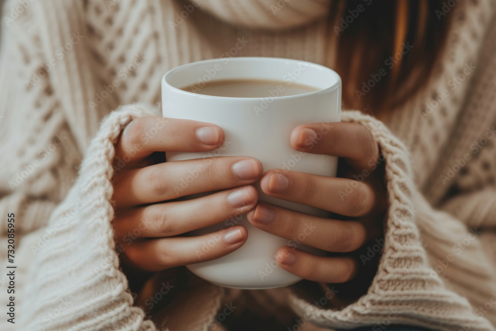Female hands with a mug of beverage. Young woman holding cup of tea or coffee in the morning sunlight. Generative AI Female hands with a mug of beverage. Young woman holding cup of tea or coffee in the morning sunlight. Generative AI