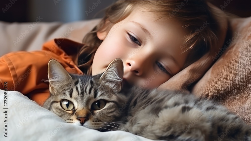 Young boy sits with his beloved cat on the couch, emphasizing the bond between children and pets, fostering friendship.