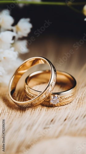 Luxurious wedding rings elegantly displayed on wedding-themed cardboard.
