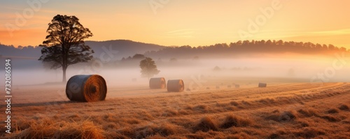A misty morning sunrise illuminates a field with hay bales. photo