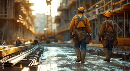 A blue-collar worker dressed in workwear and a hard hat walks among the buildings of a construction site, blending into the bustling street as he labors outdoors on the factory ground photo