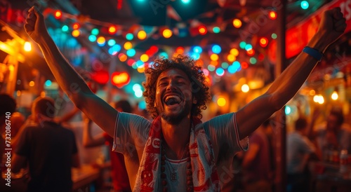 A joyous man's face illuminated by vibrant lights as he dances with abandon at a lively concert, his arms raised in celebration of the thrilling music and festive atmosphere