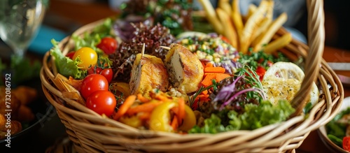 A table adorned with natural foods, a wicker basket displays a delightful mix of leafy vegetables, French fries, and garnishes.