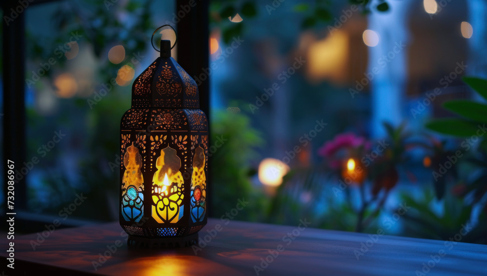 Traditional lantern from the Middle East and North Africa. Lantern is lit from within, emitting a warm orange glow through intricate carvings on the wooden surface Traditional lantern from the Middle East and North Africa. Lantern is lit from within, emitting a warm orange glow through intricate carvings on the wooden surface
