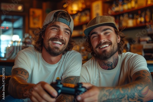Two men bond over a game, their faces lit up with smiles as they sit at the bar, one sporting a bushy beard and the other wearing a hat indoors