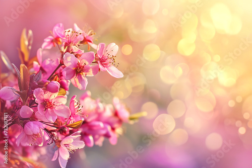 Beautiful pink Raika cherry flowers on a branch in the rays of the sun