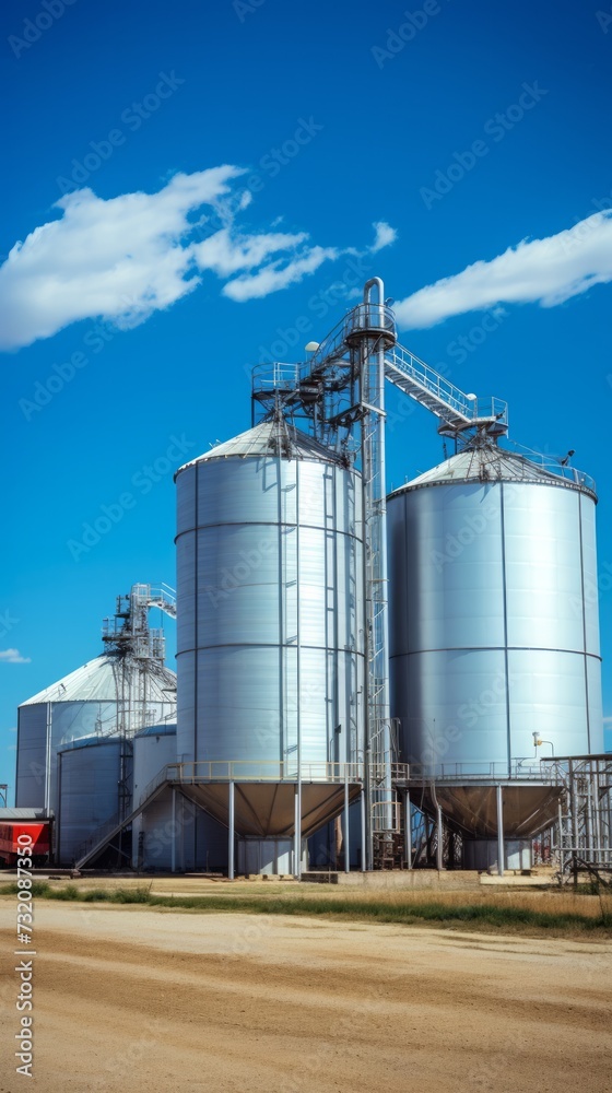 An industrial steel silo stands tall against a clear sky, serving as a storage facility for agricultural production in a bustling factory business. An industrial steel silo stands tall against a clear sky, serving as a storage facility for agricultural production in a bustling factory business.