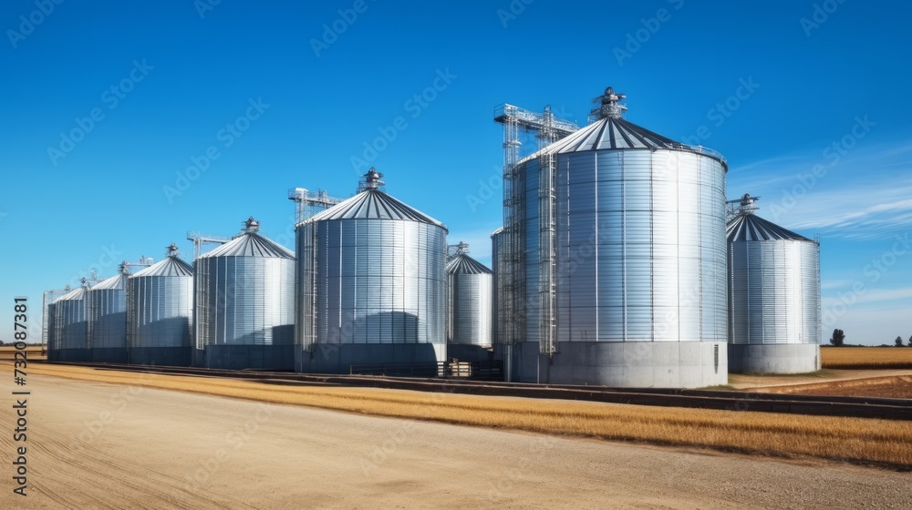 An industrial steel silo stands tall against a clear sky, serving as a storage facility for agricultural production in a bustling factory business.