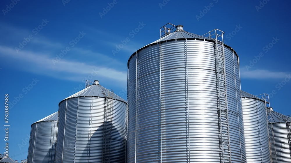 An industrial steel silo stands tall against a clear sky, serving as a storage facility for agricultural production in a bustling factory business.