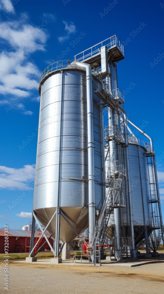 An industrial steel silo stands tall against a clear sky, serving as a storage facility for agricultural production in a bustling factory business.