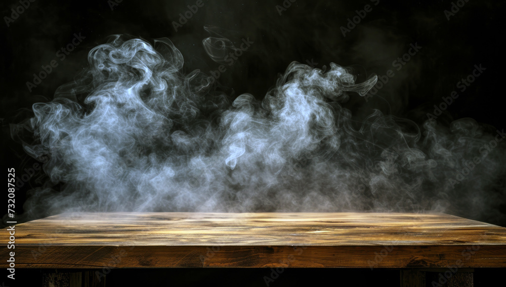 Wooden table with white smoke on a wooden table