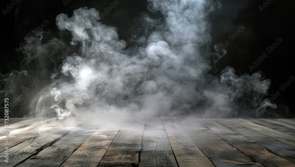 Wooden table with white smoke on a wooden table