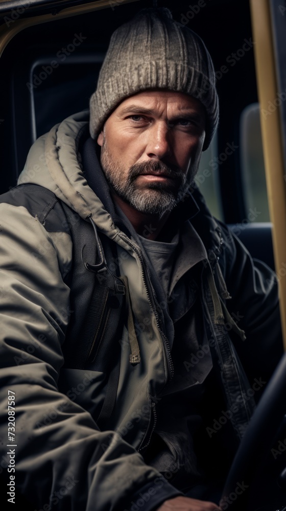 A determined truck driver focuses intently on the road during his journey.