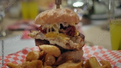 4K shot of a tasty homemade hamburger in a small american restaurant, unhealthy fast food, egg barbecue burger meal, cinematic slow motion video