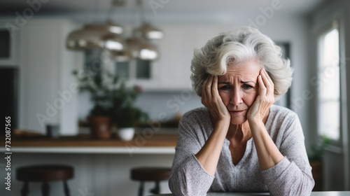 An elderly woman, experiencing depression, sits at home with her head resting in her hands. photo