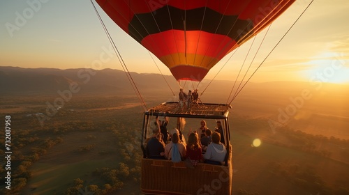A wide-angle view captures family and friends enjoying an early morning hot air balloon ride. The photo, taken with a top-quality camera lens, encapsulates the joy of the moment.