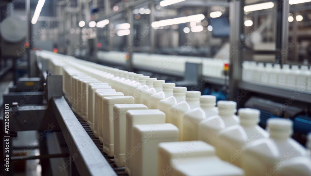 Row of milk bottles on a conveyor belt at a dairy processing plant. Bottles filled with milk are ready for packaging or distribution. Conveyor of an automated production line Row of milk bottles on a conveyor belt at a dairy processing plant. Bottles filled with milk are ready for packaging or distribution. Conveyor of an automated production line