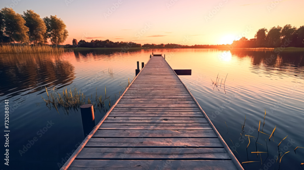 A serene lakeside scene at dusk as smoke drifts over the calm waters - obrazy, fototapety, plakaty 