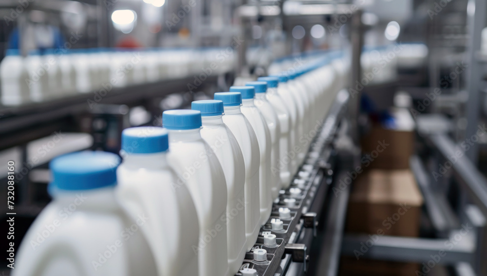Row of milk bottles on a conveyor belt at a dairy processing plant. Bottles filled with milk are ready for packaging or distribution. Conveyor of an automated production line Row of milk bottles on a conveyor belt at a dairy processing plant. Bottles filled with milk are ready for packaging or distribution. Conveyor of an automated production line