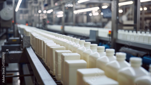 Row of milk bottles on a conveyor belt at a dairy processing plant. Bottles filled with milk are ready for packaging or distribution. Conveyor of an automated production line © BraveSpirit