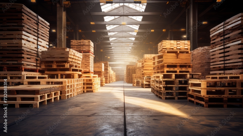 Wooden pallets stored for transportation and logistics in a warehouse, with copy space available. Wooden pallets stored for transportation and logistics in a warehouse, with copy space available.
