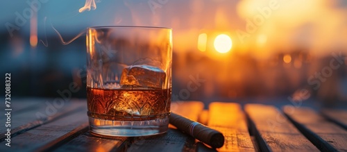 Close up a glass of whiskey and a cigar on wooden table on blur background. AI generated image