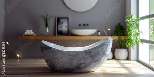 A bathtub with a modern design. White bathtub with marble wall