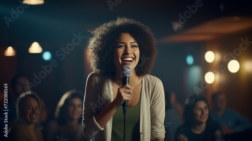 A young woman entertains a diverse audience with stand-up comedy on a brightly lit stage in a theater.