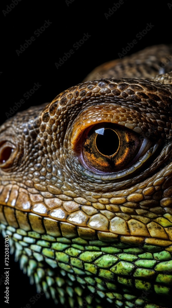 Fototapeta premium Close-up portrait of a reptile captured with a top-quality camera lens, isolated against a black background.