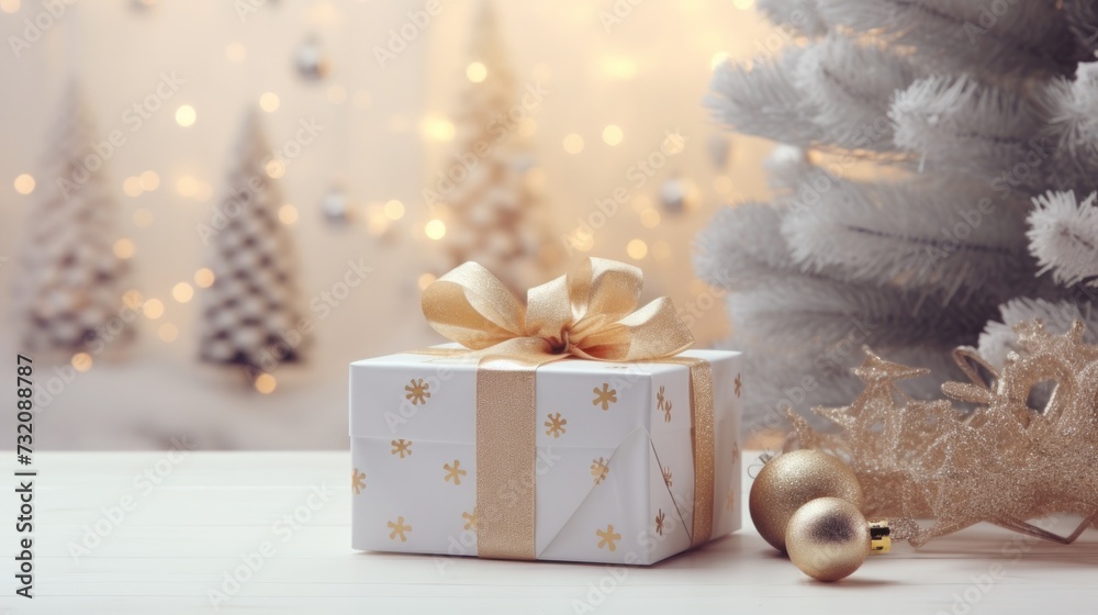 A white gift box adorned with Christmas decorations and pine trees.