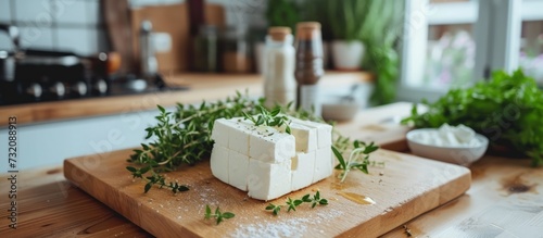 Tasty white feta cheese and herbs rosemary on cutting board in table at kitchen. AI generated image