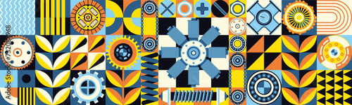 Abstract techno jagged background with geometric colorful cogwheels. Industrial mosaic pattern. Engineering mechanisms of engines as a flower arrangement. Great set. Surrealism in blue and yellow tone