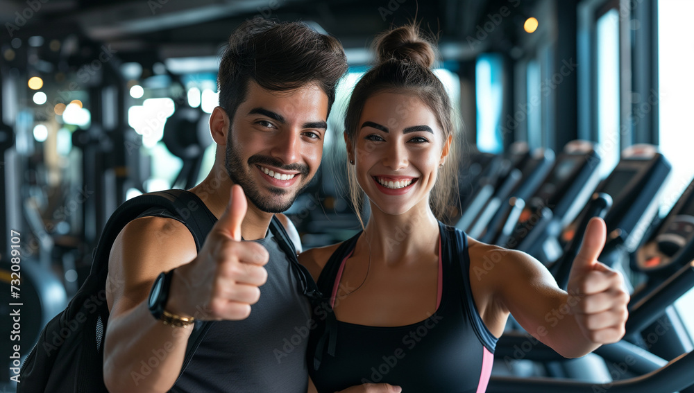 Fototapeta premium young couple in gym, giving thumbs up