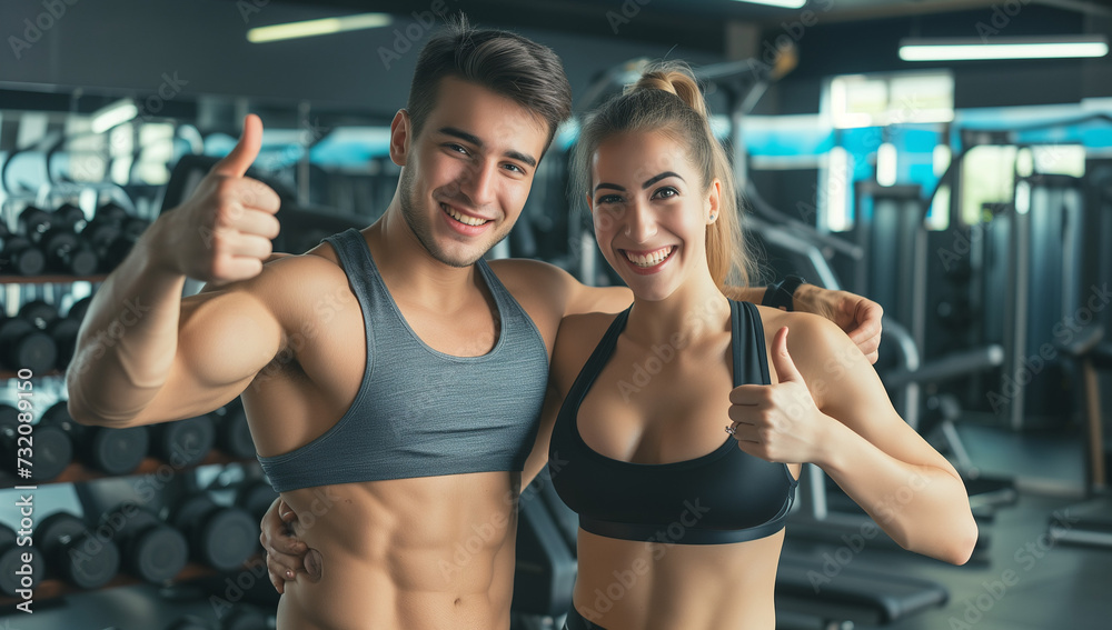 young couple in gym, giving thumbs up young couple in gym, giving thumbs up