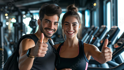 young couple in gym, giving thumbs up