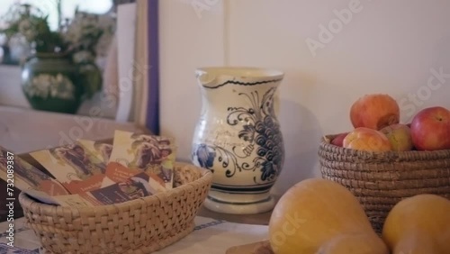 Autumn table design with vegetables, fruits and homemade holders, colorful composition for fall season cinematic 4K video