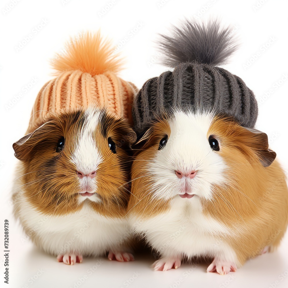 Portrait of two adorable guinea pigs wearing knitted hats, isolated on a white background. Portrait of two adorable guinea pigs wearing knitted hats, isolated on a white background.