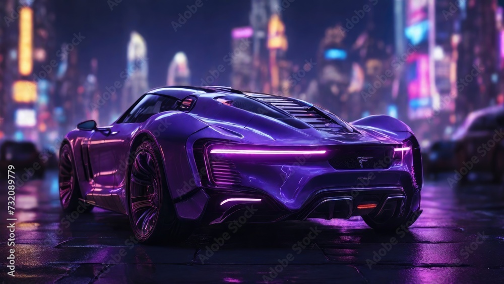 Futuristic cars and neon lights create a mesmerizing glow. Generated with AI