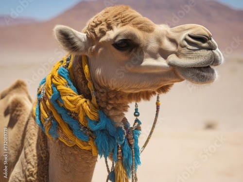 Camel in the desert , a funny portrait. Generated with AI