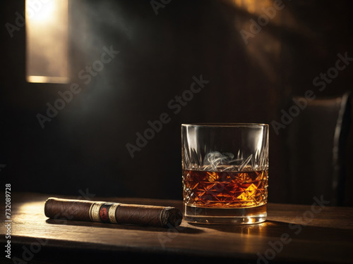 Whiskey in a glass and a lit cigar on a wooden table in a smoky room