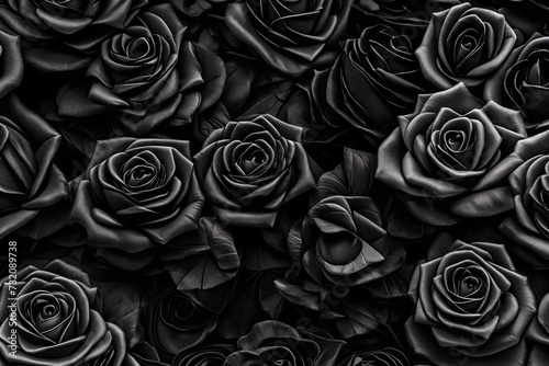 Behold the striking contrast of a solid background adorned with a set of black rose flowers on a table, their deep hues captivating the eye with their timeless elegance. 1