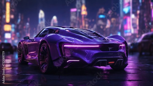 Futuristic cars and neon lights create a mesmerizing glow. Generated with AI