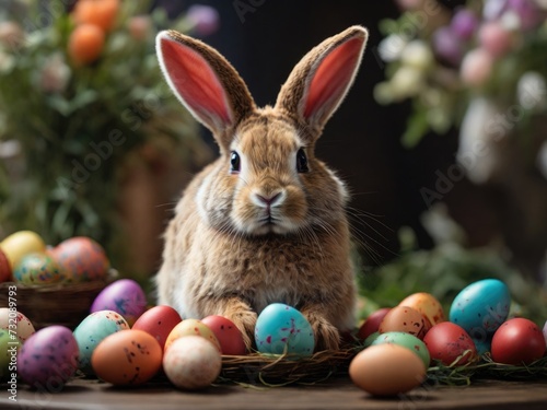 The Easter bunny, surrounded by vibrantly painted eggs. Generated with AI