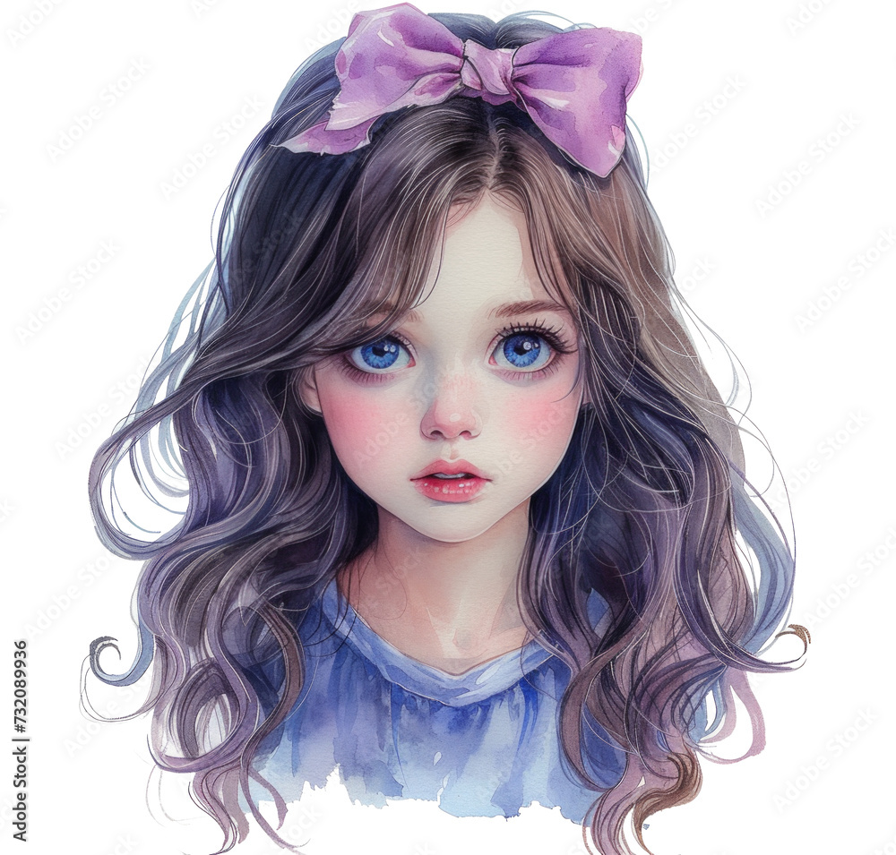 a child with long hair, blue eyes, and pink bow in blue watercolor isolated a child with long hair, blue eyes, and pink bow in blue watercolor isolated