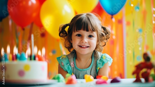Portrait of a little girl on her birthday party, with colorful balloons in the background and a birthday cake adorned with candles.