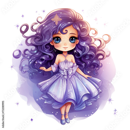 a kawaii girl in a dress with purple and blue isolated